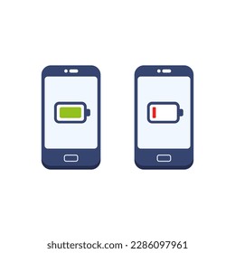 Low and charged battery on mobile phone. Vector illustration.