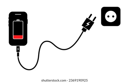 Low charging phone. Smartphone connection on socket to charge battery. Usb cable and mobile phone. Vector 10 Eps.
