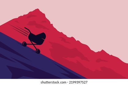 Low child birth rate. The carriage rolls down the slope. Decline in child births. Vector illustration