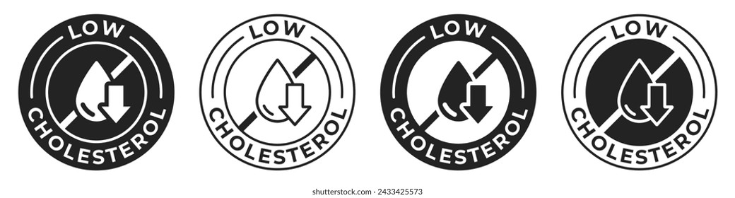 Low cholesterol label. Trans fat free icon. Low cholesterol illustration for product packaging logo, sign, symbol or emblem. Zero calories badge isolated.