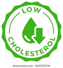 Low cholesterol label vector icon illustration for product package. Zero cholesterol green logo, symbol, badge, tag or emblem isolated. Trans fat free stamp, seal, sticker, mark or tag.