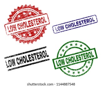 LOW CHOLESTEROL seal prints with corroded texture. Black, green,red,blue vector rubber prints of LOW CHOLESTEROL label with corroded texture. Rubber seals with round, rectangle, medallion shapes.