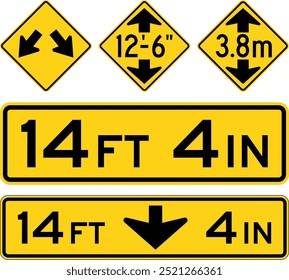 Low Clearance Warning Signs Collection Featuring Double Arrow, Metric Heights, and Bridge Overhead Clearance Indicators. Road signs in the United States.