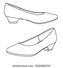Women’s Low closed Toe Slip On Pumps Shoes  Line art, Technical sketch hand drawing outline vector doodle illustration isometric and side isolated on white background