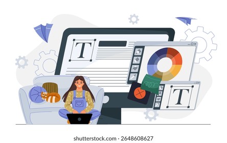 Low code development. Woman sits near monitor with article and color palette. Freelancer fills site with content. Graphic designer and talented author, content creator. Flat vector illustration