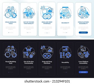 Pantalla de aplicación móvil en modo de noche y día de bajo código. Web 3 0 tutorial 5 pasos páginas de instrucciones gráficas con conceptos lineales. UI, UX, plantilla GUI. Multitud de tipos de letra Pro-Bold, con uso regular