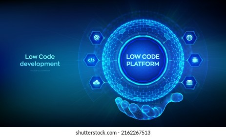 Low code platform. Low code development technology concept. LCDP easy coding. Hexagonal grid sphere in wireframe hand on blue background. Vector illustration.