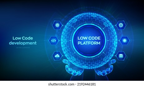 Low code platform. Low code development technology concept. LCDP easy coding. Hexagonal grid sphere in wireframe hands on blue background. Vector illustration.