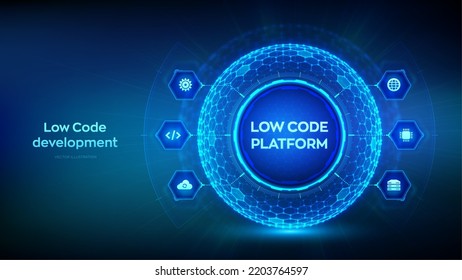 Low code platform. Low code development technology concept. LCDP easy coding. Hexagonal grid sphere on blue background. Vector illustration.