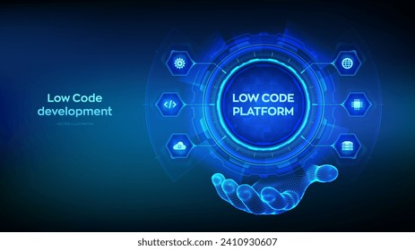 Plataforma de bajo código y concepto de tecnología de desarrollo sin código en mano de wireframe. LCDP y NCDP - desarrollo de software mediante interfaces gráficas. Ilustración vectorial.