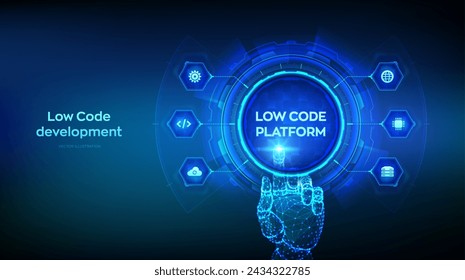 Plataforma de bajo código y concepto de tecnología de desarrollo sin código. LCDP y NCDP - desarrollo de software mediante interfaces gráficas. Alambre de la mano que toca la interfaz digital. Ilustración vectorial.