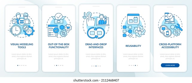 Low code platforms features blue onboarding mobile app screen. Web 3 0 walkthrough 5 steps graphic instructions pages with linear concepts. UI, UX, GUI template. Myriad Pro-Bold, Regular fonts used