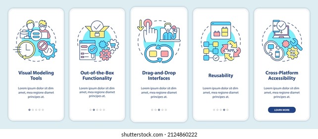 Low code platforms features onboarding mobile app screen. Web 3 0 walkthrough 5 steps graphic instructions pages with linear concepts. UI, UX, GUI template. Myriad Pro-Bold, Regular fonts used