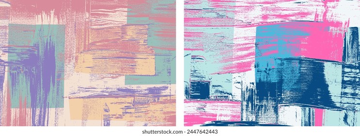 Low colour contrast patterns, paint strokes on canvas, set of abstract paintings, cross hatching grungy vector background