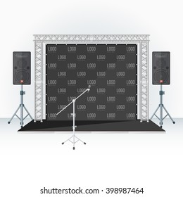 Low Conference Stage Metal Truss With Loud Speakers And Microphone Stand Press Wall Banner Background
