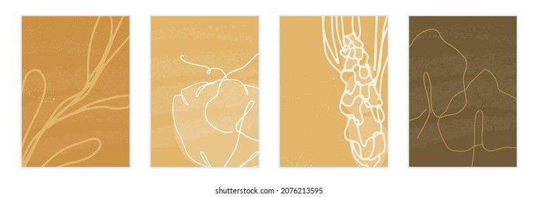 Low contrast autumn nature card set with abstract shapes in ochre and brown cozy colours. Modern creative vector graphic design for home decor or poster background.