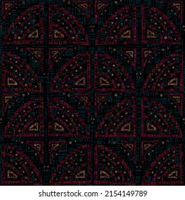 Patrón de amortiguador de vieiras con efecto de pintura batik de bajo contraste. Formas de cúpula en estilo folk sobre textura de lienzo acuarela. Diseño combinado de tela marrón oscuro. Geométrico en todas las impresiones para el embalaje