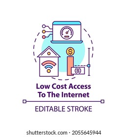 Icono de concepto de acceso a Internet de bajo coste. Tecnología asequible. Conexión wifi barata. Ilustración de línea delgada de la idea de inclusión digital. Dibujo de color RGB con contorno aislado del vector. Trazo editable