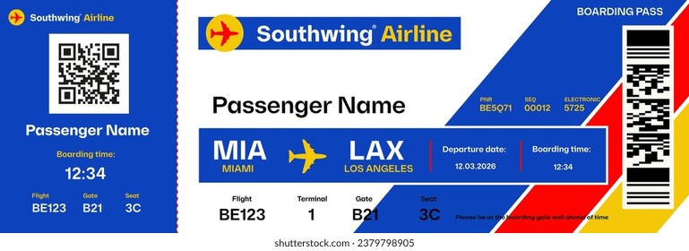 Low cost airline boarding pass template. Airplane ticket mock up. Flight information included: passenger name, gate, seat, date, time of flight, bar code, qr code. Vector illustration.