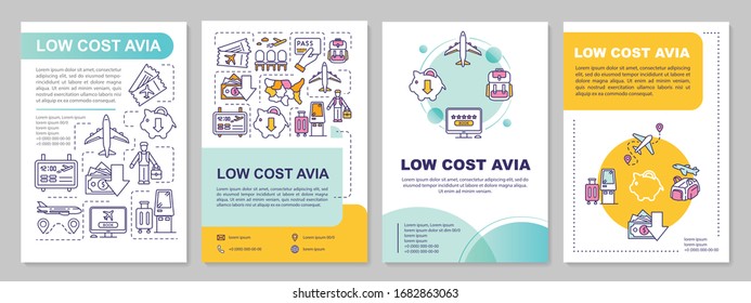 Low cost avia brochure template. Affordable flight, budget travel flyer, booklet, leaflet print, cover design with linear icons. Vector layouts for magazines, annual reports, advertising posters