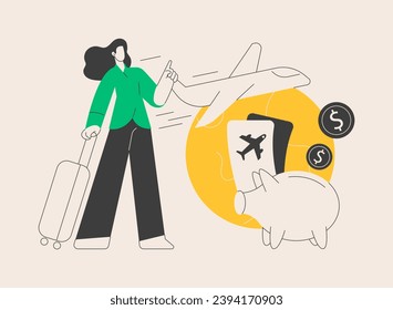 Ilustración vectorial de concepto abstracta de vuelos de bajo costo. Billetes baratos, venta de billetes de avión, planificación de vacaciones, horarios de aeropuerto, compra de billetes en línea, vuelos nacionales, vuelos internacionales metáforas abstractas.