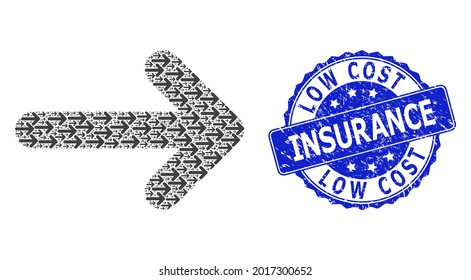 Low Cost Insurance corroded round stamp seal and vector fractal collage right arrow. Blue stamp seal has Low Cost Insurance text inside round shape.