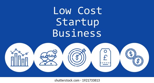low cost startup business background concept with low cost startup business icons. Icons related coins, bar chart, tag, people, target