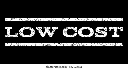 Low Cost watermark stamp. Text tag between horizontal parallel lines with grunge design style. Rubber seal white stamp with scratched texture. Vector ink imprint on a black background.