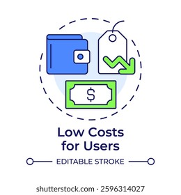 Low costs for users multi color concept icon. Access to cheaper goods. Benefit of sharing economy. Round shape line illustration. Abstract idea. Graphic design. Easy to use in presentation