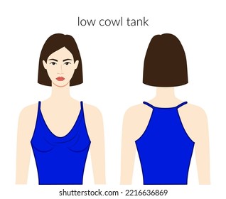 Low cowl neckline tank clothes character beautiful lady in blue top, shirt, dress technical fashion illustration with fitted body. Flat apparel template front, back sides. Women, men unisex CAD mockup