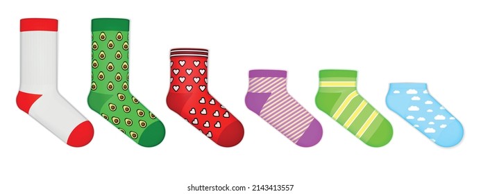 Calcetines de calcetines de corte bajo y medio de caldo conjunto de color de burla aislado en fondo blanco ilustración vectorial realista