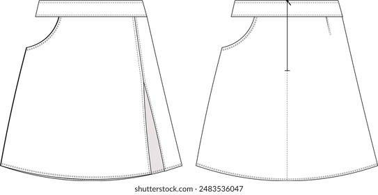 low- cut slit zippered a line mini short skirt denim jean template technical drawing flat sketch cad mockup fashion woman design style model 