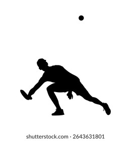 Low Defensive Stance in Pickleball Match Silhouette Vector, Male Pickleball Player Reaching for Shot Athletic Action Pose
