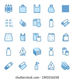 Low Density Polyethylene Flat Line Icons. LDPE Products - Food Package Film, Thermoresistant Paper, Garbage Bag, Plastic Water Bottle, Bubble Wrap Vector Illustrations. Blue Color, Editable Stroke.