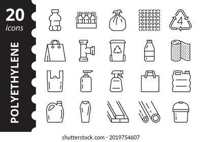 Polietileno de baja densidad - conjunto de iconos lineales. Productos LDPE - paquete de comida, botella de plástico, cubo, bolsa de basura. Símbolos de contorno simple vectorial.