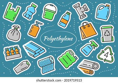 Low density polyethylene - sticker elements set. LDPE products - food package, plastic bottle, bucket, garbage bag. Vector illustrations.