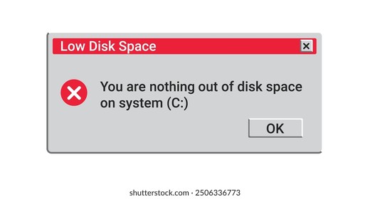 Low disk space message. Memory error in red colors. Retro alert notification on screen.