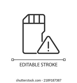 Low disk space warning pixel perfect linear icon. Disc capacity. Data and files storage. Hardware. Thin line illustration. Contour symbol. Vector outline drawing. Editable stroke. Arial font used