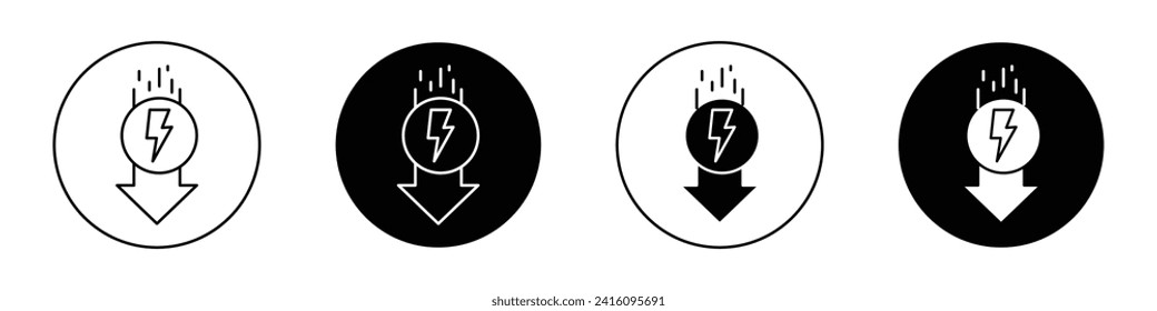 Low electricity consumption icon set. Reduce energy consumption vector logo symbol in black filled and outlined style. Reduce electricty sign.