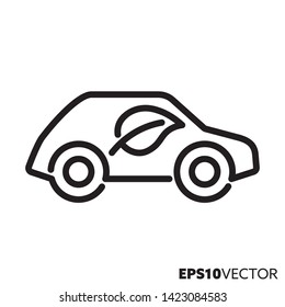 Low emission motor vehicle line icon. Outline symbol of environmentally friendly car and non-polluting transportation. Automobile with leaf flat vector illustration.