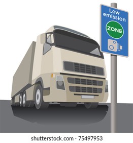 Low emissions zone signpost with a lorry