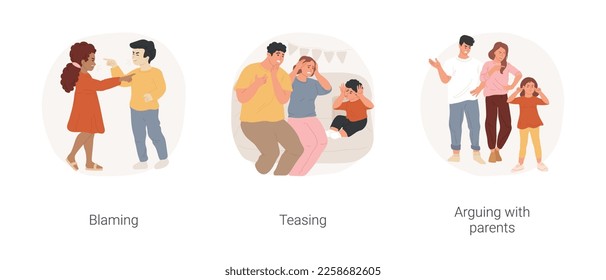 Low emotional intelligence isolated cartoon vector illustration set. Blaming other people, pointing finger, kids teasing each other, show grimaces, child arguing with parents vector cartoon.