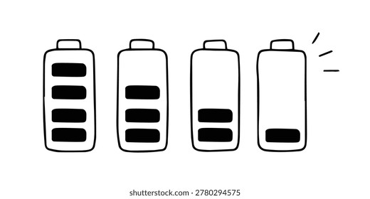 Low energy battery doodle vector illustration for ADHD burnout and fatigue concept. Hand drawn vector illustration of battery level icons showing decreasing energy and burnout. ADHD lifestyle doodle concept about fatigue, low motivation, mental exhaustion and energy management in minimal cartoon style.