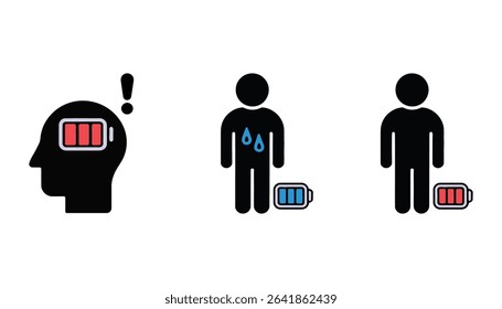 Low Energy Battery Icon Vector with Human Silhouette and Burnout Concept Illustration	
