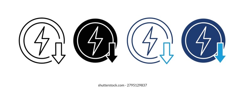 Low Energy Consumption and Battery Saver Mode Icon Set. Electricity Reduction Voltage, Drop Renewable Power Saving Symbol. Vector Illustration.