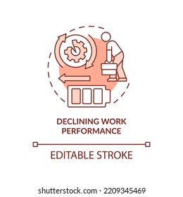 Low energy employees red concept icon. Poor performance. Burnout at workplace abstract idea thin line illustration. Isolated outline drawing. Editable stroke. Arial, Myriad Pro-Bold fonts used