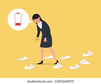 Low energy fatigue. Tired and unhappy businesswomen walking with Low power symbol