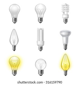 Low energy fluorescent halogen and commonly used different types light bulb realistic pictograms set collection vector illustration