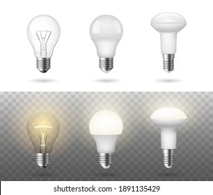 Low energy fluorescent halogen and incandescent light bulbs realistic set. Realistic 3d lightbulbs on transparent background. Vector illustration