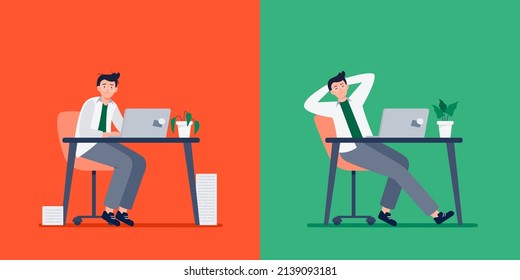 Low energy and high energy comparison. A businessman in a tired and energetic state. A happy man successful doing his work. Frustrated male worker feeling overwhelmed. Vector flat illustration.